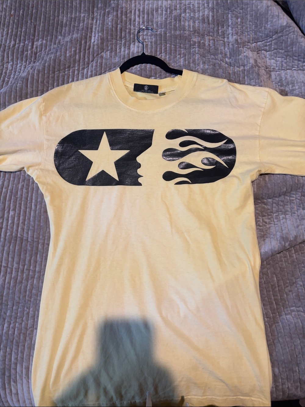 Yellow Graphic Short-Sleeve Men's T-Shirt with Black Star & Flame Design